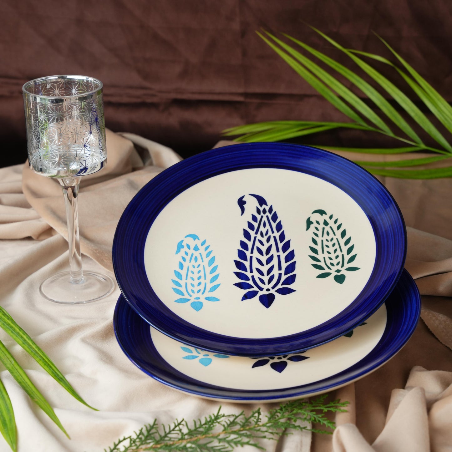 Caffeine Ceramic Handmade Stoneware Blue Boota Quarter Plate 7”(Set of 2 Dishwasher & Microwave Safe Plate) - Caffeine Premium Stoneware