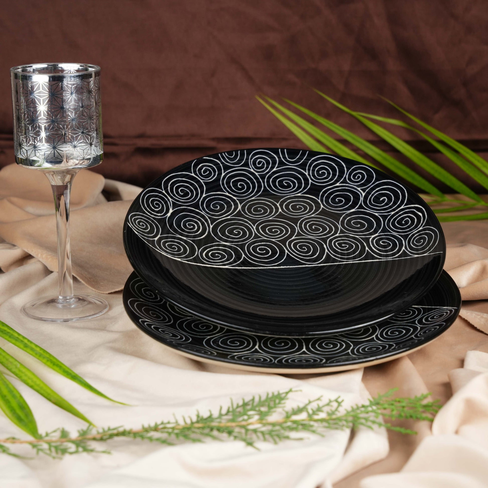 Caffeine Ceramic Handmade Stoneware Black Doddle Dinner Plate 10" inch Set of 6 (Microwave & Dishwasher Safe) - Caffeine Premium Stoneware