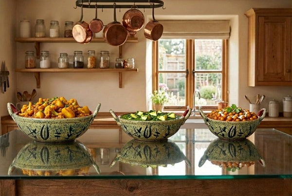 Caffeine Ceramic Handmade Stoneware Rust Bamboo kadhai (Set of 3 Microwave & Dishwasher Safe)