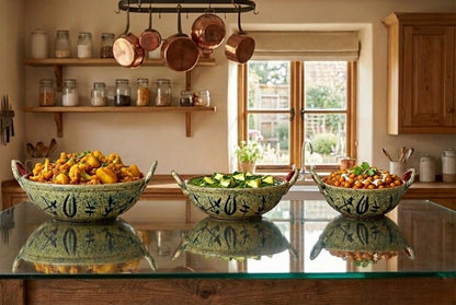 Caffeine Ceramic Handmade Stoneware Rust Bamboo kadhai (Set of 3 Microwave & Dishwasher Safe)