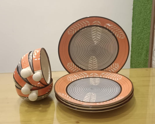 Caffeine Ceramic Handmade Red & Black Combo Dinner Set ( 15 pcs. Microwave & Dishwasher Safe )