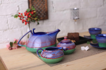 Caffeine Ceramic Handmade Tea Set Blue & Green Studio Printed Tea Sets (Set of 15 pcs) - Caffeine Premium Stoneware