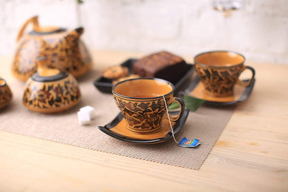Caffeine Ceramic Handmade Stoneware Brown Sehra Tea Set of 15 - Caffeine Premium Stoneware