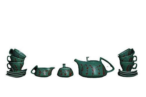 Caffeine Ceramic Handmade Stoneware Green & Red Leaf Tea Set of 15 - Caffeine Premium Stoneware