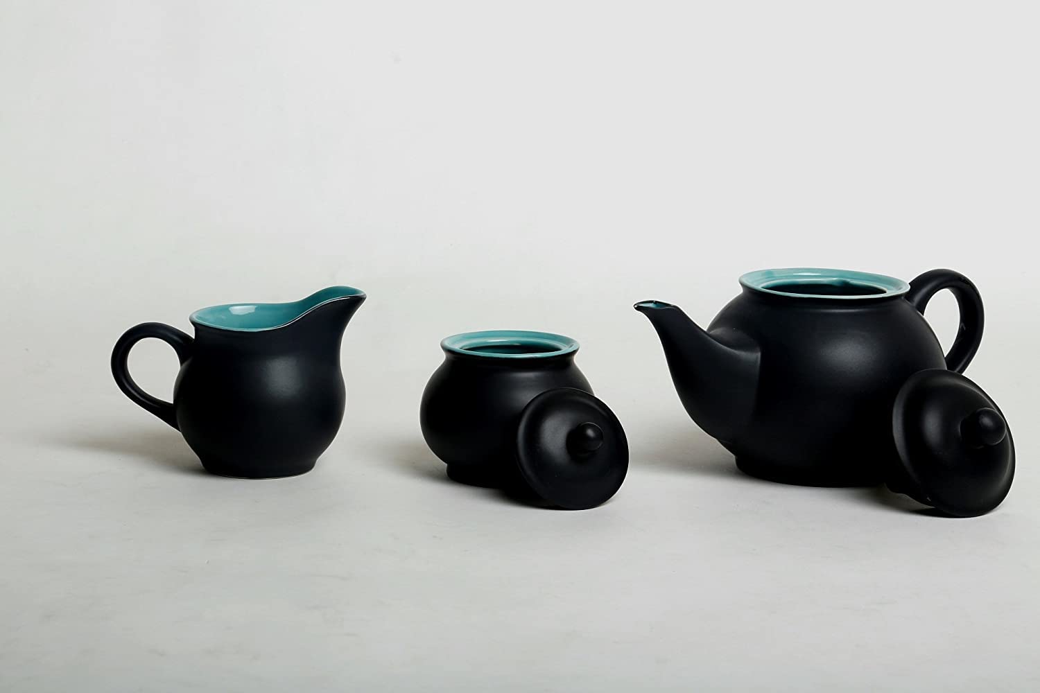 Caffeine Ceramic Handmade Stoneware Royal Black & See Green Tea Set 15 - Caffeine Premium Stoneware