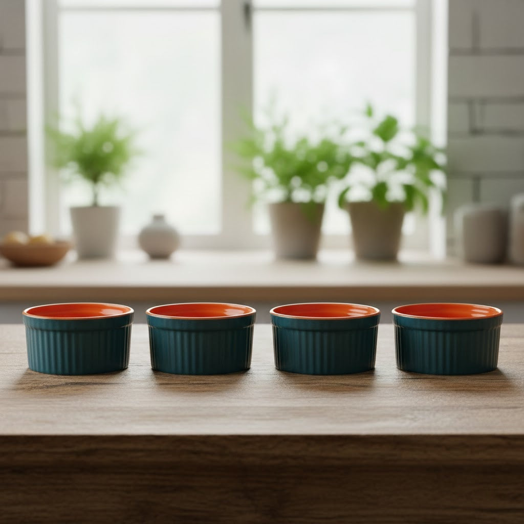 Caffeine Ceramic Handmade Blue & Orange Matte Ramekins Bowl(Set of 4)