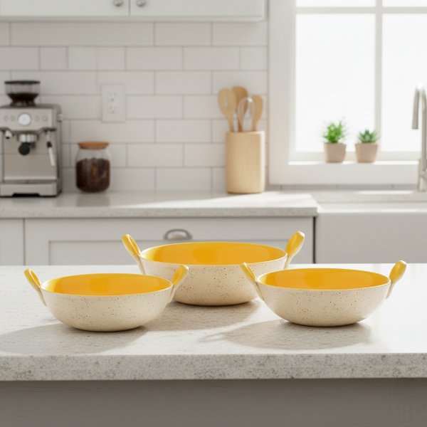 Caffeine Ceramic Handmade Marble White Matte & Yellow Serving Kadhai Set (Set of 3) Microwave Safe & Dishwasher Safe