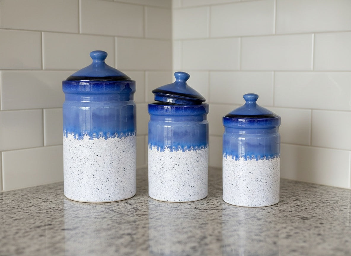 Caffeine Ceramic Stoneware Handmade White And Blue Barni/Pickle Jar (Set of 3)