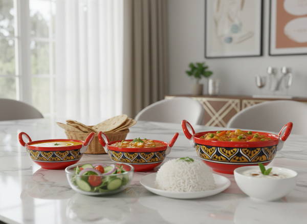 Caffeine Ceramic Handmade Stoneware Orange Morocco Serving kadhai (Set of 3 Microwave & Dishwasher Safe)