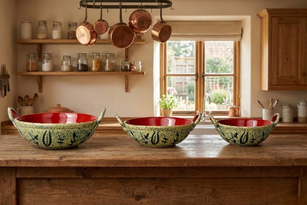 Caffeine Ceramic Handmade Stoneware Rust Bamboo kadhai (Set of 3 Microwave & Dishwasher Safe)