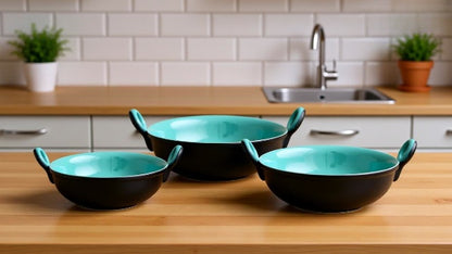 Caffeine Ceramic Handmade Stoneware Black & Sea Green kadhai (Set of 3 Microwave & Dishwsaher Safe)