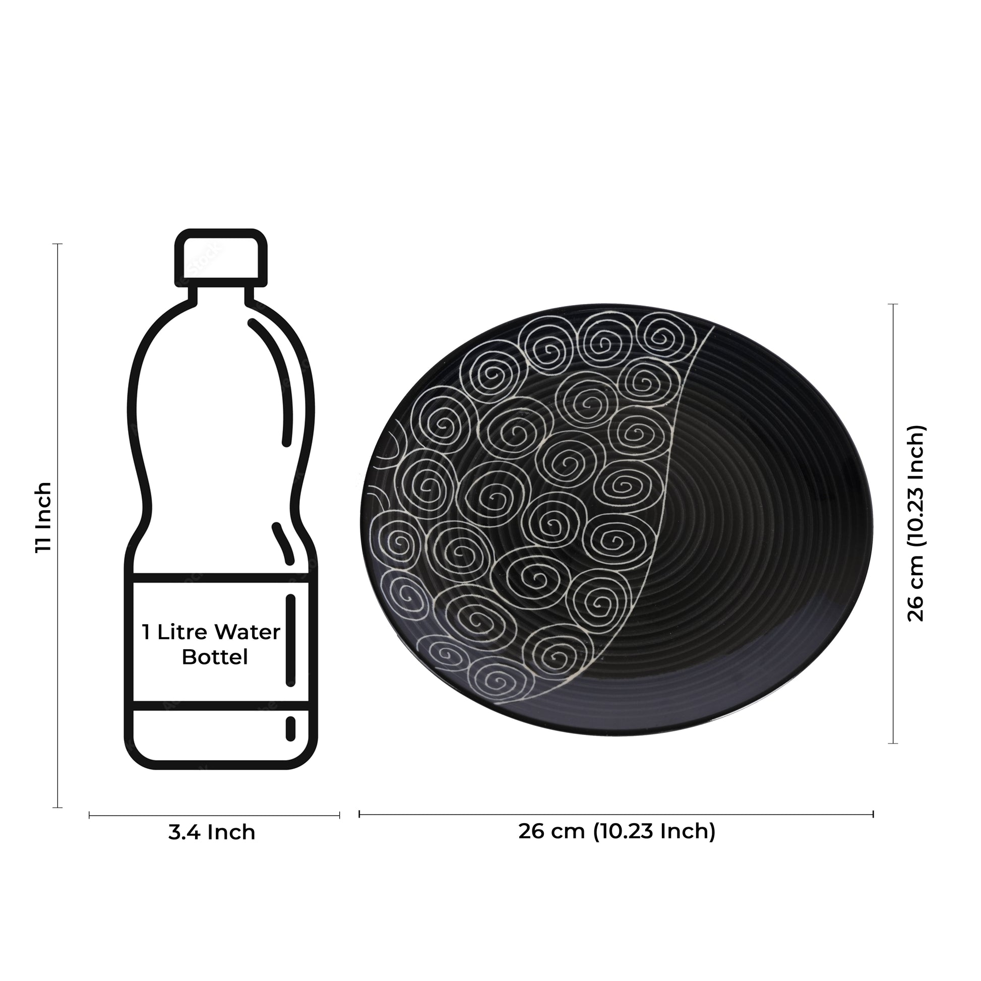 Caffeine Ceramic Handmade Stoneware Black Doddle Dinner Plate 10" inch Set of 6 (Microwave & Dishwasher Safe) - Caffeine Premium Stoneware