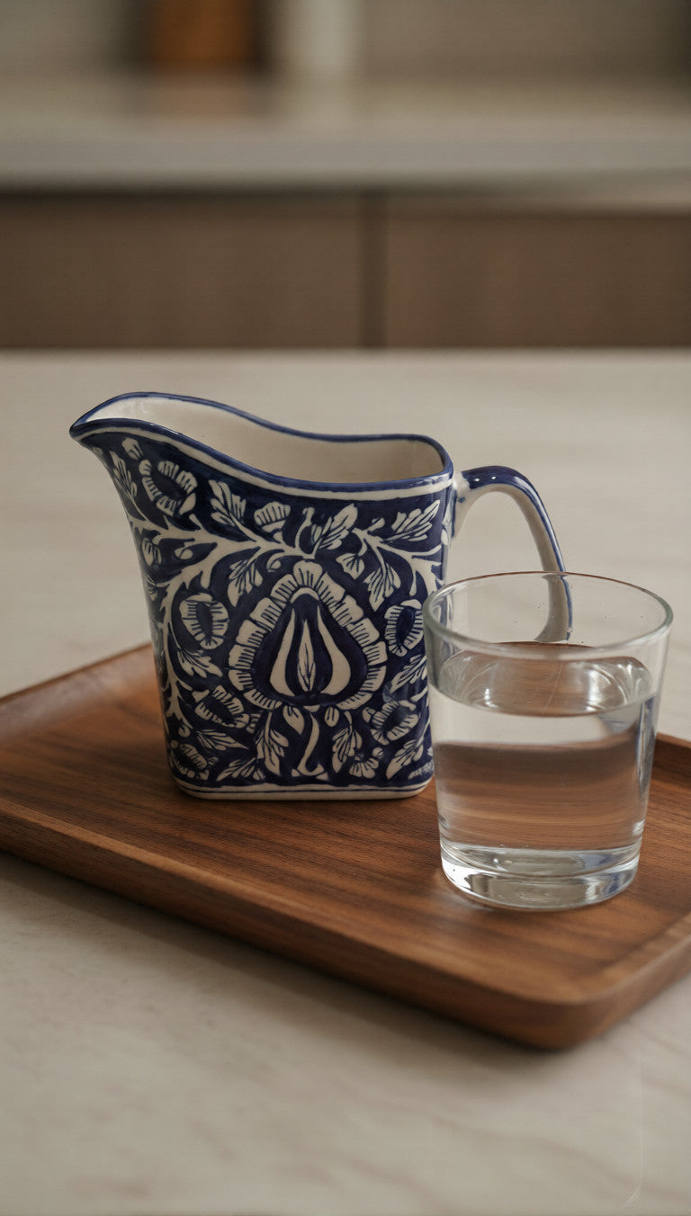 Caffeine Ceramic Handmade Stoneware Blue Mughal Milk and Water Jug (Set of 1, 700 ml)