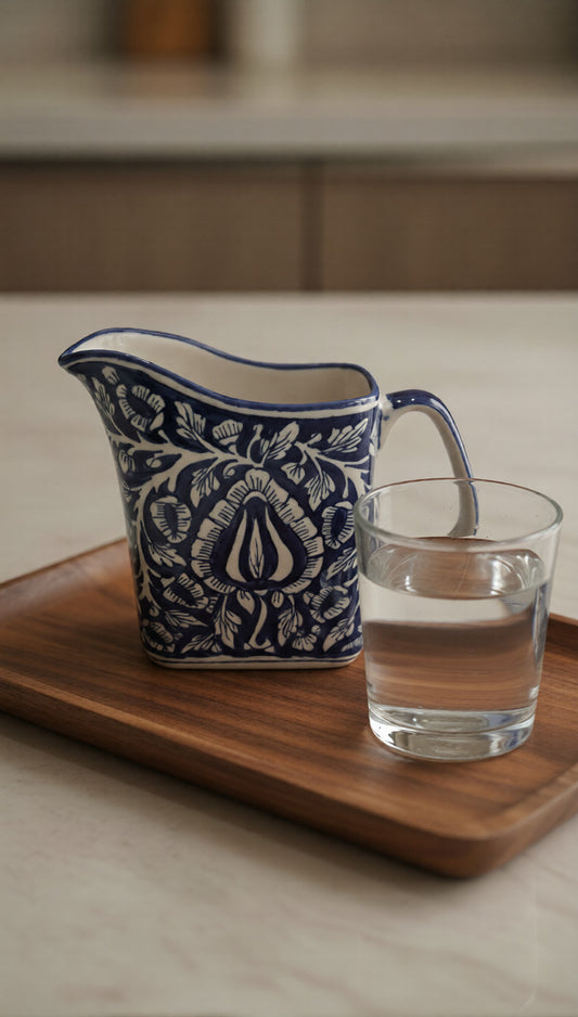 Caffeine Ceramic Handmade Stoneware Blue Mughal Milk and Water Jug (Set of 1, 700 ml)