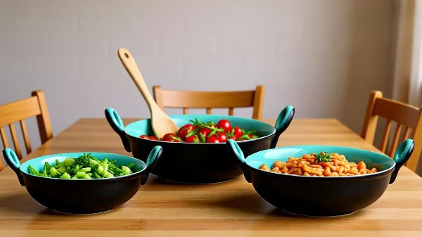 Caffeine Ceramic Handmade Stoneware Black & Sea Green kadhai (Set of 3 Microwave & Dishwsaher Safe)