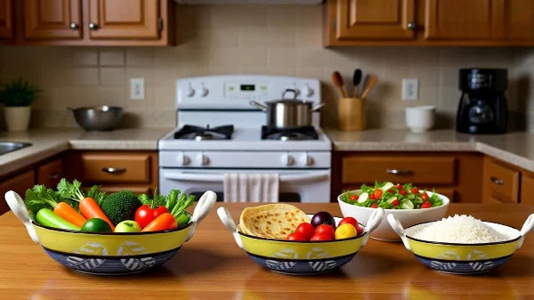 Caffeine Ceramic Handmade Stoneware Yellow & Grey Leaf Print Serving kadhai (Set of 3 Microwave & Dishwasher Safe)