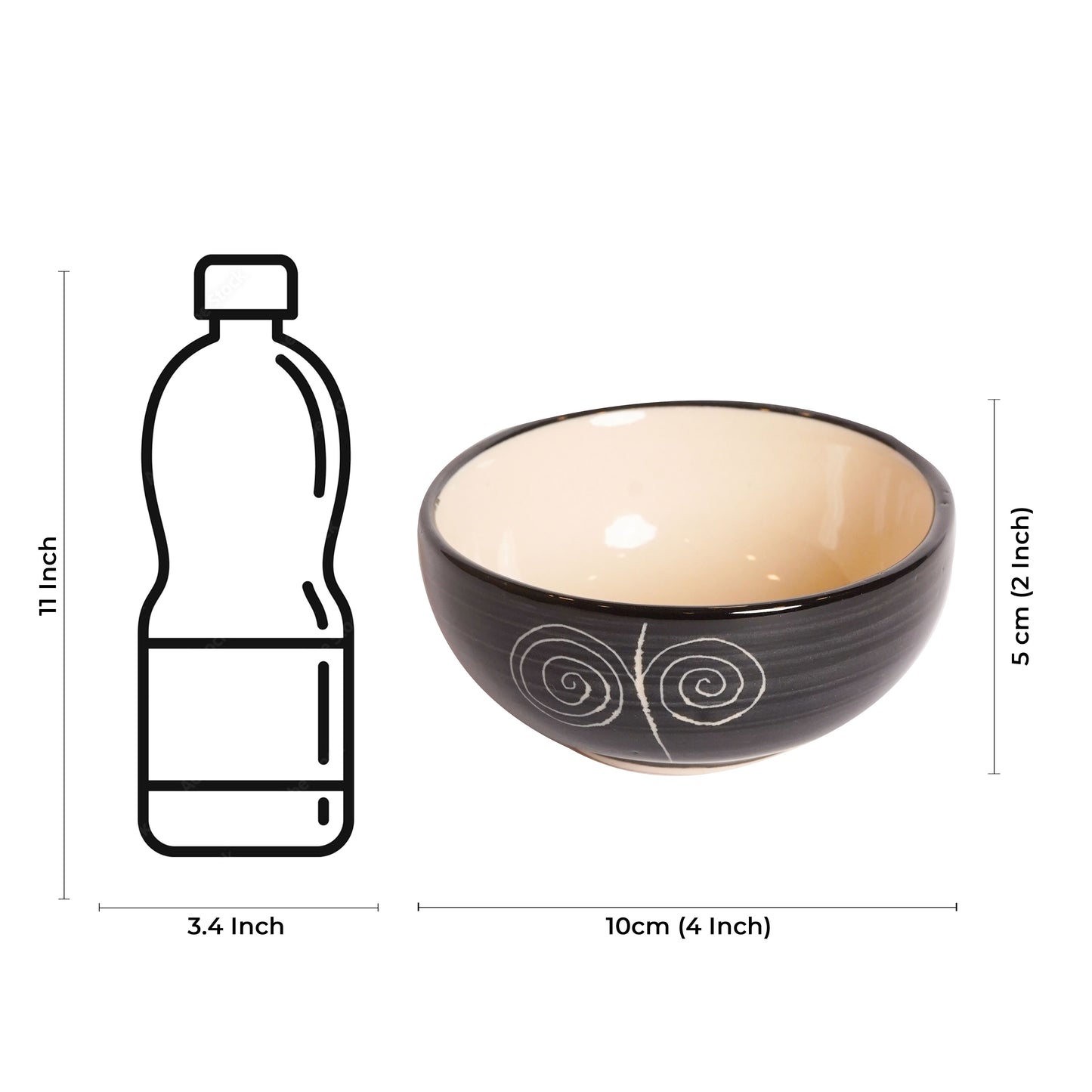 Caffeine Ceramic Handmade Black Doodle Katori Bowl (Set of 6) - Caffeine Premium Stoneware