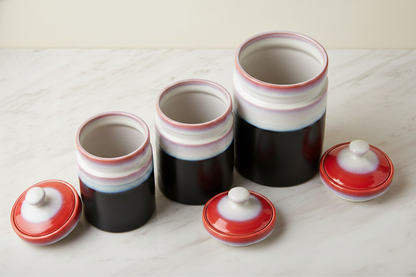 Caffeine Ceramic Stoneware Handmade White And Black & Red  Barni/Pickle Jar (Set of 3)