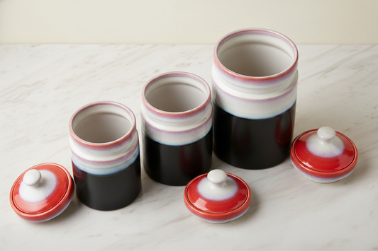 Caffeine Ceramic Stoneware Handmade White And Black & Red  Barni/Pickle Jar (Set of 3)