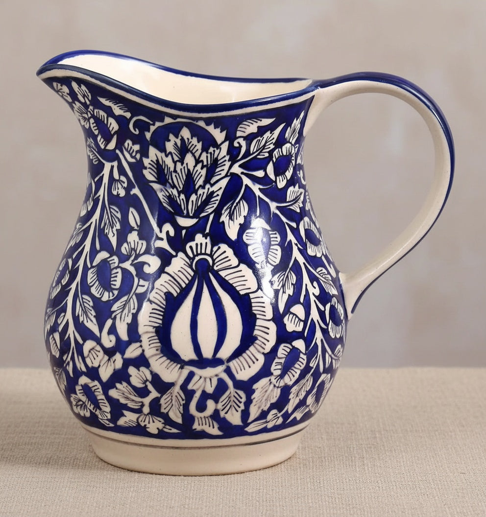 Caffeine Ceramic Stonware Handmade Blue Mughal Water jug (Set of 1, 1800 ml)