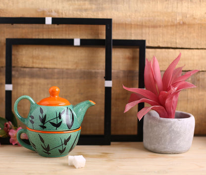 Caffeine Ceramic Handmade Green & Orange Bamboo 2 in1 Tea Pot (Set of 1, Single Kettle with Cup)