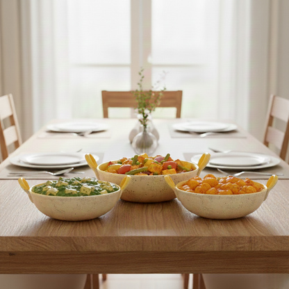 Caffeine Ceramic Handmade Marble White Matte & Yellow Serving Kadhai Set (Set of 3) Microwave Safe & Dishwasher Safe