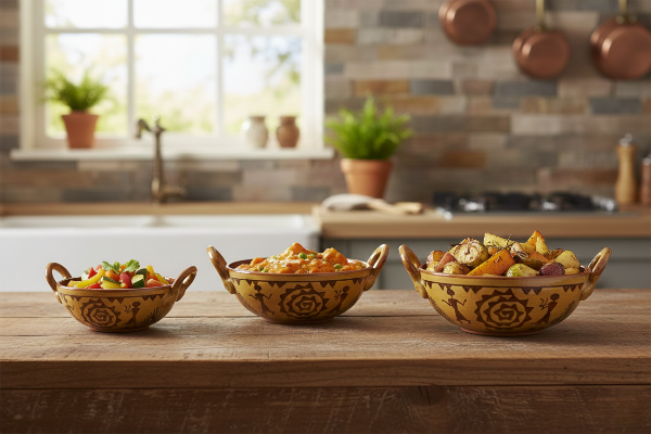 Caffeine Ceramic Handmade Stoneware Mustard Romani Serving kadhai (Set of 3 Dishwasher & Microwave Safe)