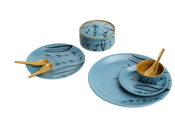 Caffeine Ceramic Handmade Golden Turquoise Dinner Set (37 pieces - Microwave & Dishwasher Safe) - Caffeine Premium Stoneware