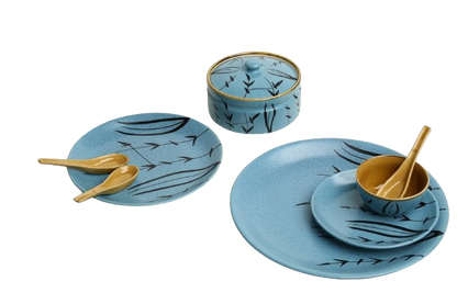Caffeine Ceramic Handmade Golden Turquoise Dinner Set (37 pieces - Microwave & Dishwasher Safe) - Caffeine Premium Stoneware