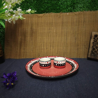 Caffeine Ceramic Handmade Red Black Dot Platter Set of 3 Pcs. (1 Dinner Plate, 2 Dip & Sauce Bowl)
