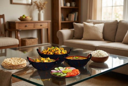 Caffeine Ceramic Handmade Stoneware Half Red & Black Leaf Print Serving kadhai (Set of 3 Dishwasher & Microwave Safe)