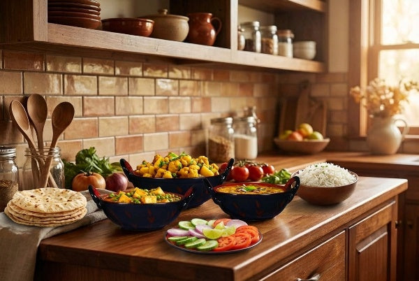 Caffeine Ceramic Handmade Stoneware Half Red & Black Leaf Print Serving kadhai (Set of 3 Dishwasher & Microwave Safe)