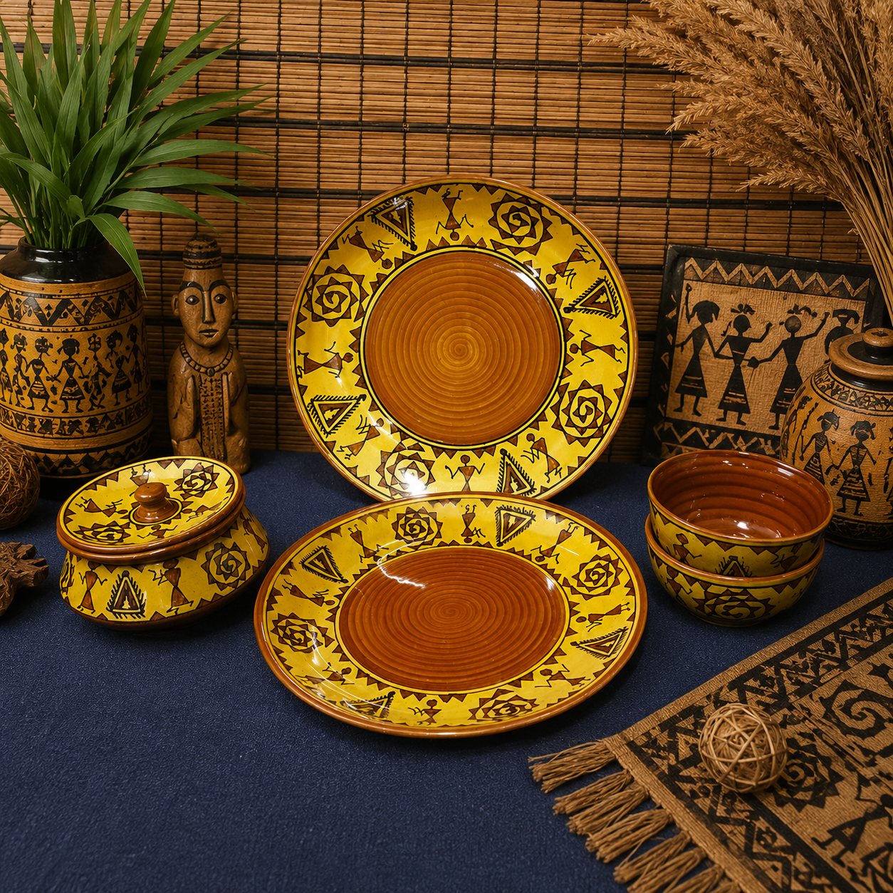 Caffeine Ceramic Handmade Mustard Romani Combo Dinner Set (5 pcs.)