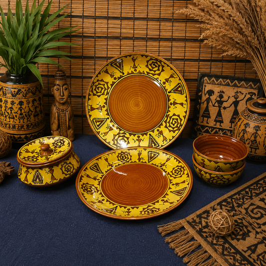 Caffeine Ceramic Handmade Mustard Romani Combo Dinner Set (5 pcs.)
