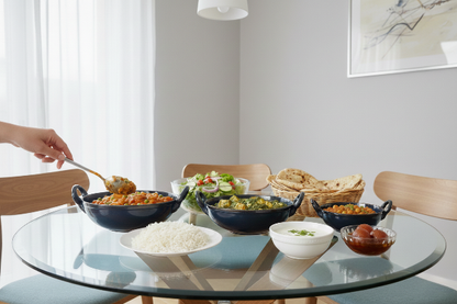 Caffeine Ceramic Handmade Stoneware Blue Metallic Serving Kadhai (Set of 3 Microwave & Dishwasher Safe)