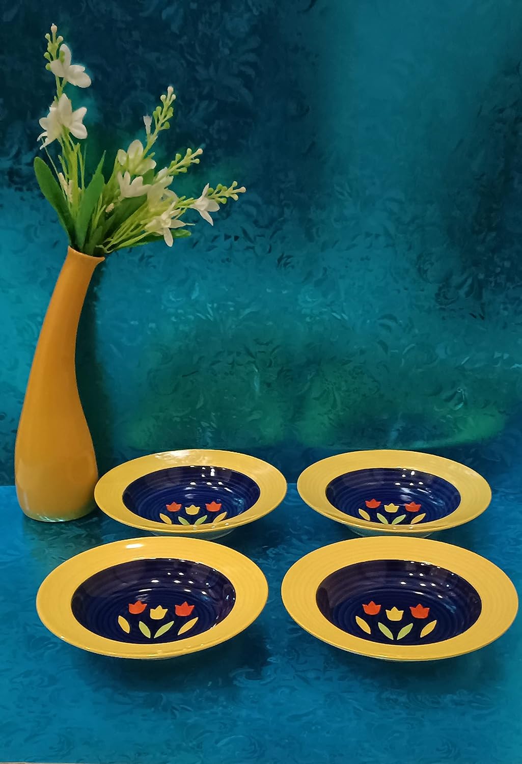 Caffeine Ceramic Handmade Stoneware Orange Beige Soup Plates/Pasta Plate/Maggie Plate/Macaroni Plate 9" (Set of 4 Dishwasher & Microwave Safe) - Caffeine Premium Stoneware