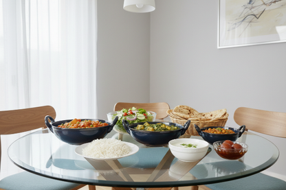 Caffeine Ceramic Handmade Stoneware Blue Metallic Serving Kadhai (Set of 3 Microwave & Dishwasher Safe)