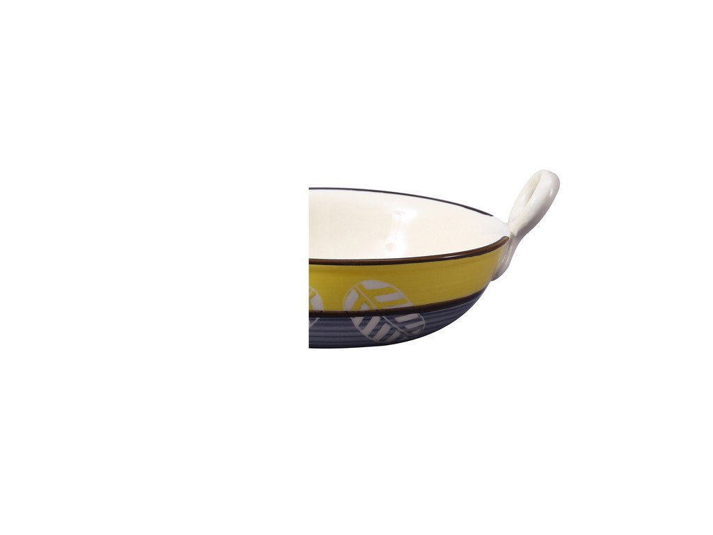 Caffeine Ceramic Handmade Stoneware Yellow & Grey Leaf Print Serving kadhai (Set of 3 Microwave & Dishwasher Safe) - Caffeine Premium Stoneware