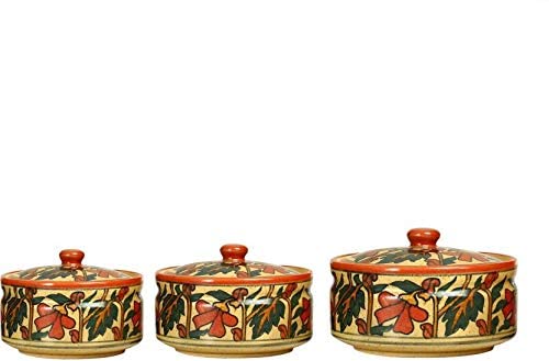 Caffeine Ceramic Handmade Orange Flora Serving Donga Casserole with lid (Set of 3)