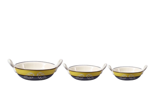 Caffeine Ceramic Handmade Stoneware Yellow & Grey Leaf Print Serving kadhai (Set of 3 Microwave & Dishwasher Safe) - Caffeine Premium Stoneware