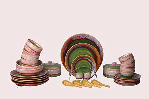 Caffeine Ceramic Handmade Green and Golden Studio Dinner Set (37 Pieces – Microwave & Dishwasher Safe)