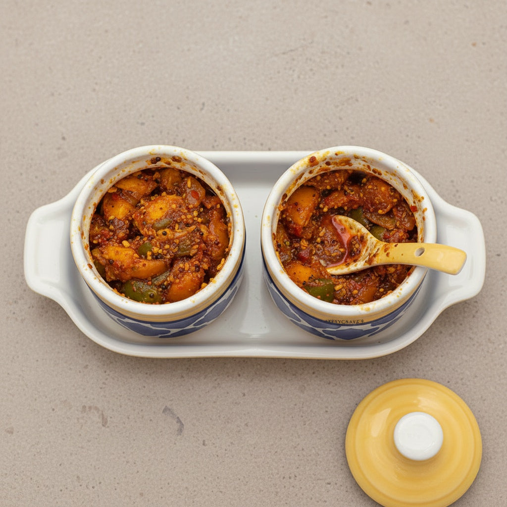 Caffeine Ceramic Handmade Blue & Yellow Umrao Pickle Jar Set (2 Jars, 2 Spoons &1 Tray) 200 ml each jar