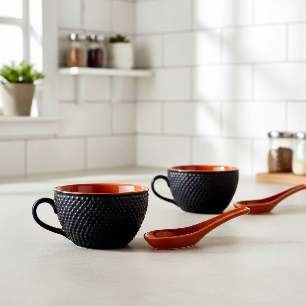 Caffeine Ceramic Handmade Brown & Black Bubble Single Handled Soup Bowl with Spoon (Set of 2)