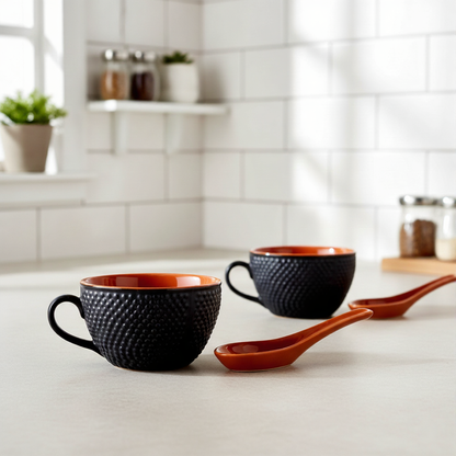 Caffeine Ceramic Handmade Brown & Black Bubble Single Handled Soup Bowl with Spoon (Set of 2)