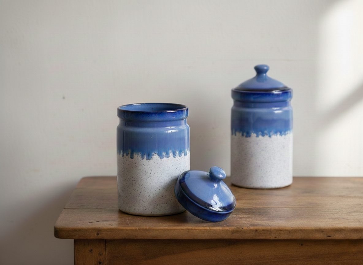Caffeine Ceramic Stoneware Handmade White And Blue Barni/Pickle Jar (Set of 3)