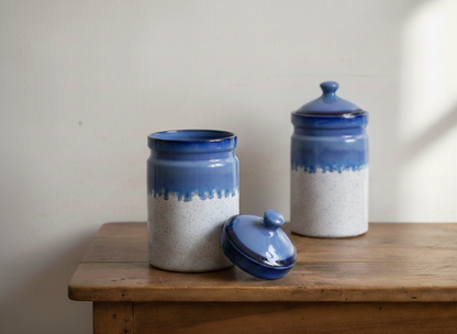 Caffeine Ceramic Stoneware Handmade White And Blue Barni/Pickle Jar (Set of 3)