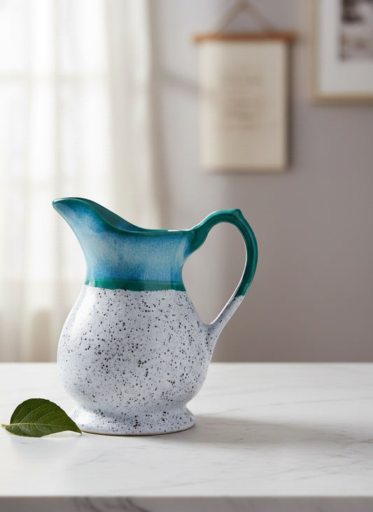 Caffeine Ceramic Handmade Stoneware White & Blue Studio Water jug (Set of 1, 1400 ml)