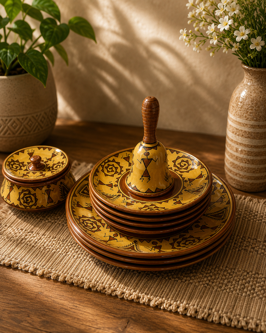Caffeine Ceramic Handmade Mustard Romani Combo Dinner Set (10 pcs.)