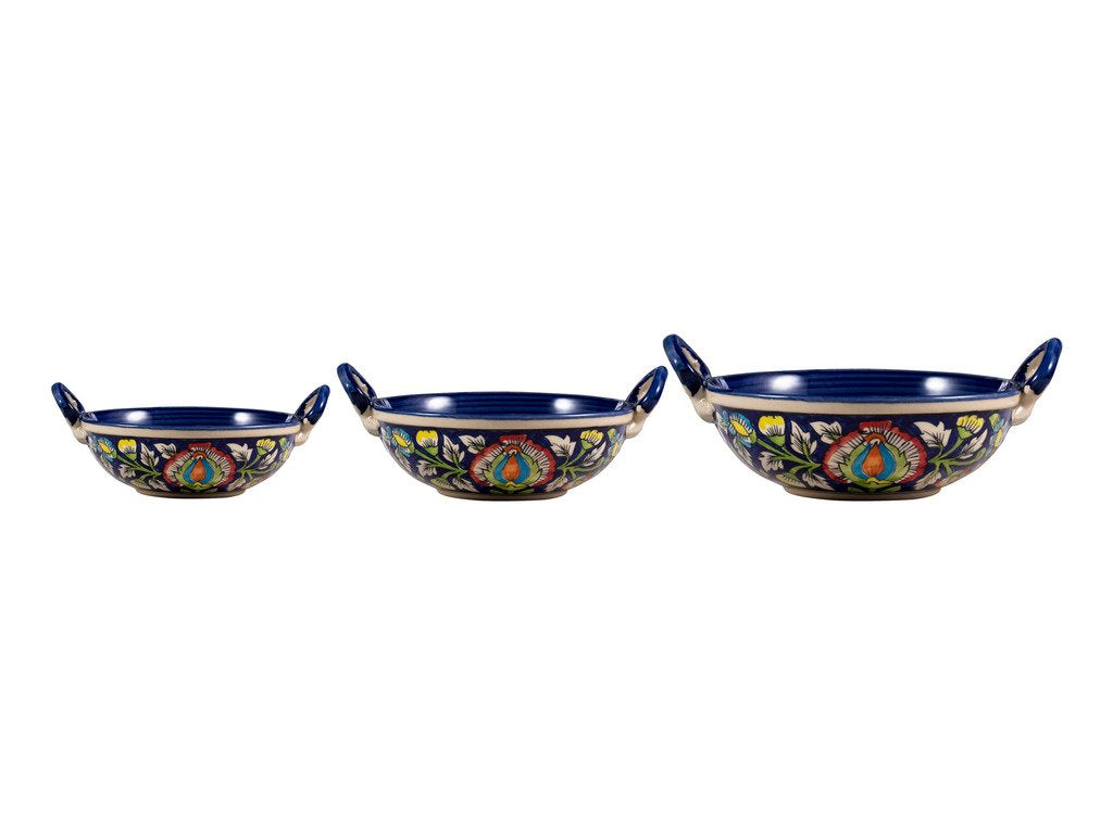 Caffeine Ceramic Handmade Stoneware Blue Jaipuri Serving kadhai (Set of 3 Microwave & Dishwasher Safe) - Caffeine Premium Stoneware