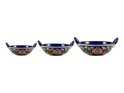 Caffeine Ceramic Handmade Stoneware Blue Jaipuri Serving kadhai (Set of 3 Microwave & Dishwasher Safe) - Caffeine Premium Stoneware